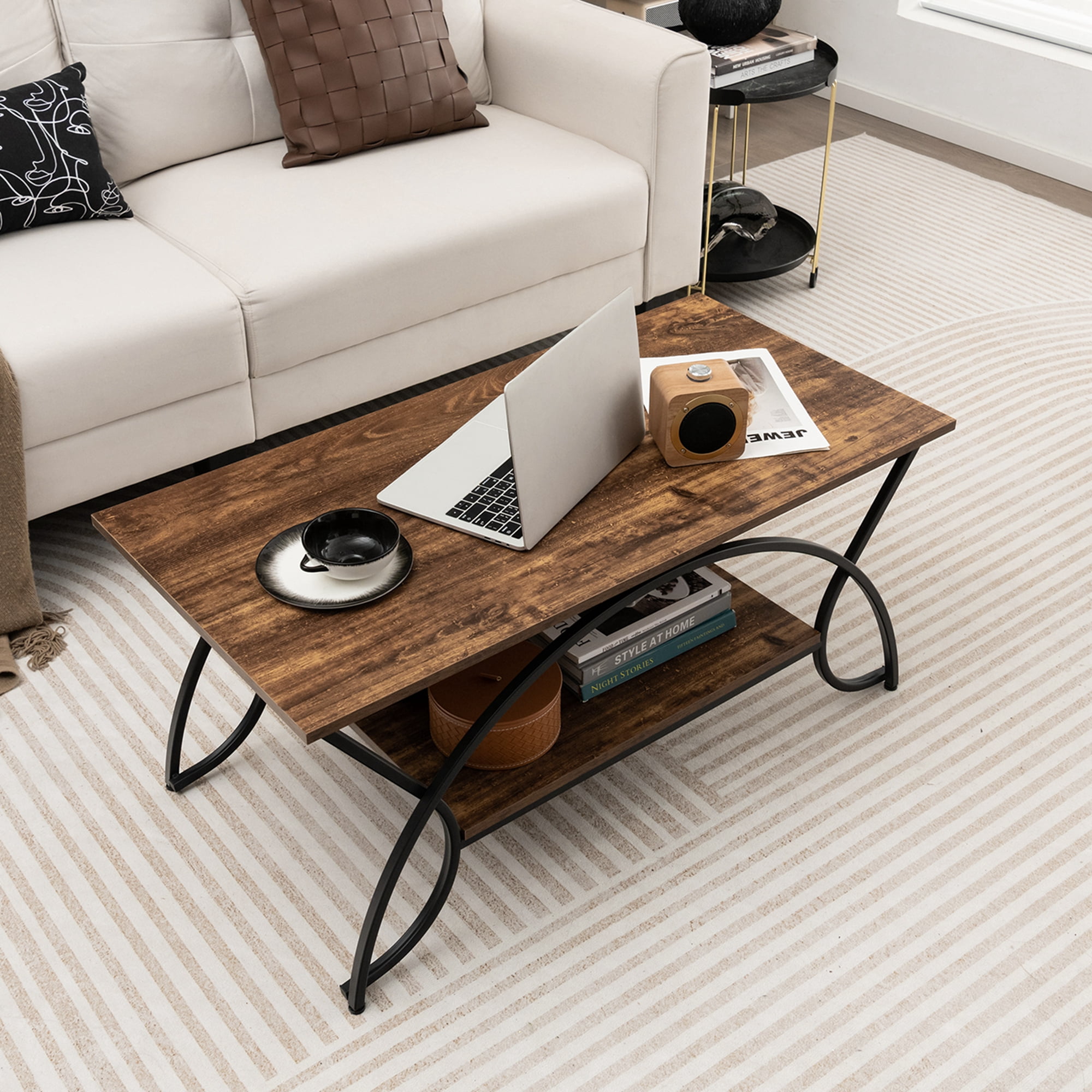 Costway 2-Tier Industrial Coffee Table Rectangular Cocktail Table with Storage Shelf Rustic Brown