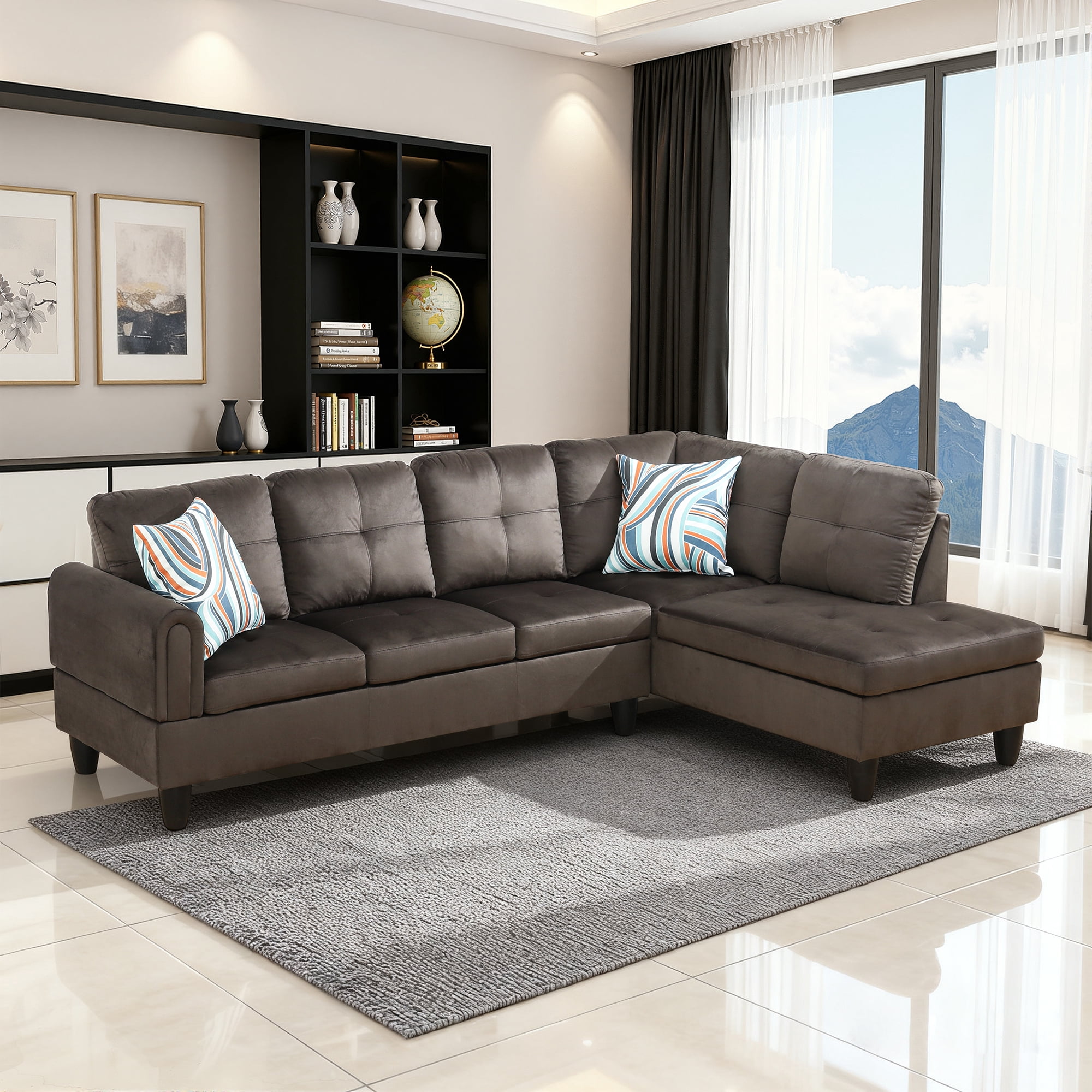 MAYEERTY 97" Flannel Sectional Sofa, 2-Piece Couch Living Room Sofa Set without Ottoman, Dark Brown (Right)