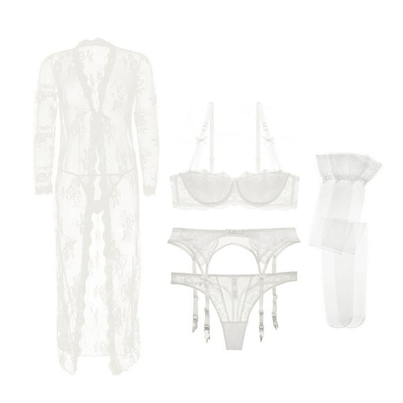 Ensemble de Soutiens-Gorge Rehausseur pour Femmes, Lingerie en Dentelle, Soutien-Gorge et String et Jarretière et Bas et Peignoir 5 Pcs