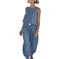 thumbnail image 2 of Chbgutlmr Womens Cotton Linen Sets Sleeveless Crew Neck Crop Tank Tops Cinch Bottom Elastic Waist Joggers Casual Loose Summer 2 Piece Outfits, 2 of 9