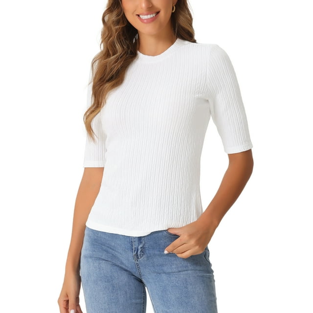 Camiseta de cuello redondo INSPIRE CHIC para mujer, blusa básica casual de manga media fruncida, talla XL, blanca
