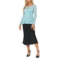 thumbnail image 2 of INSPIRE CHIC Women's Top Lace Keyhole Front Peplum Hem Sheer Long Sleeve Blouse XS Gray Blue, 2 of 6
