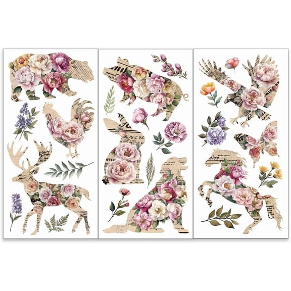 3pcs/Set Animal Flowers Rub on Transfers for Furniture and Crafts 6x12 inch Deer Eagle Rabbit Furniture Decals