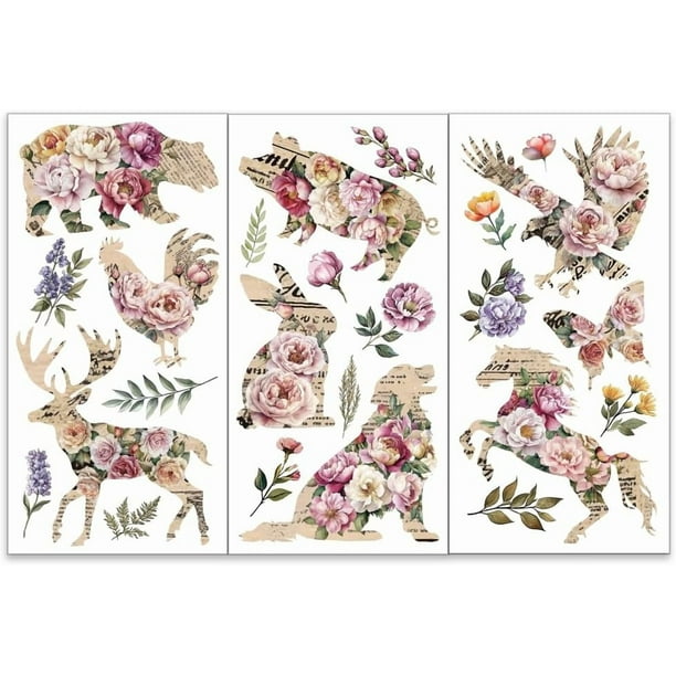 Juego de 3 calcomanías de animales y flores para muebles y manualidades (6 x 12 pulgadas): ciervo, águila y conejo. Adhesivos vintage de animales.