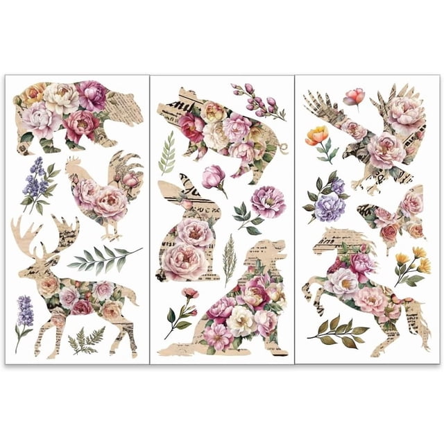 Juego de 3 calcomanías de animales y flores para muebles y manualidades (6 x 12 pulgadas): ciervo, águila y conejo. Adhesivos vintage de animales.
