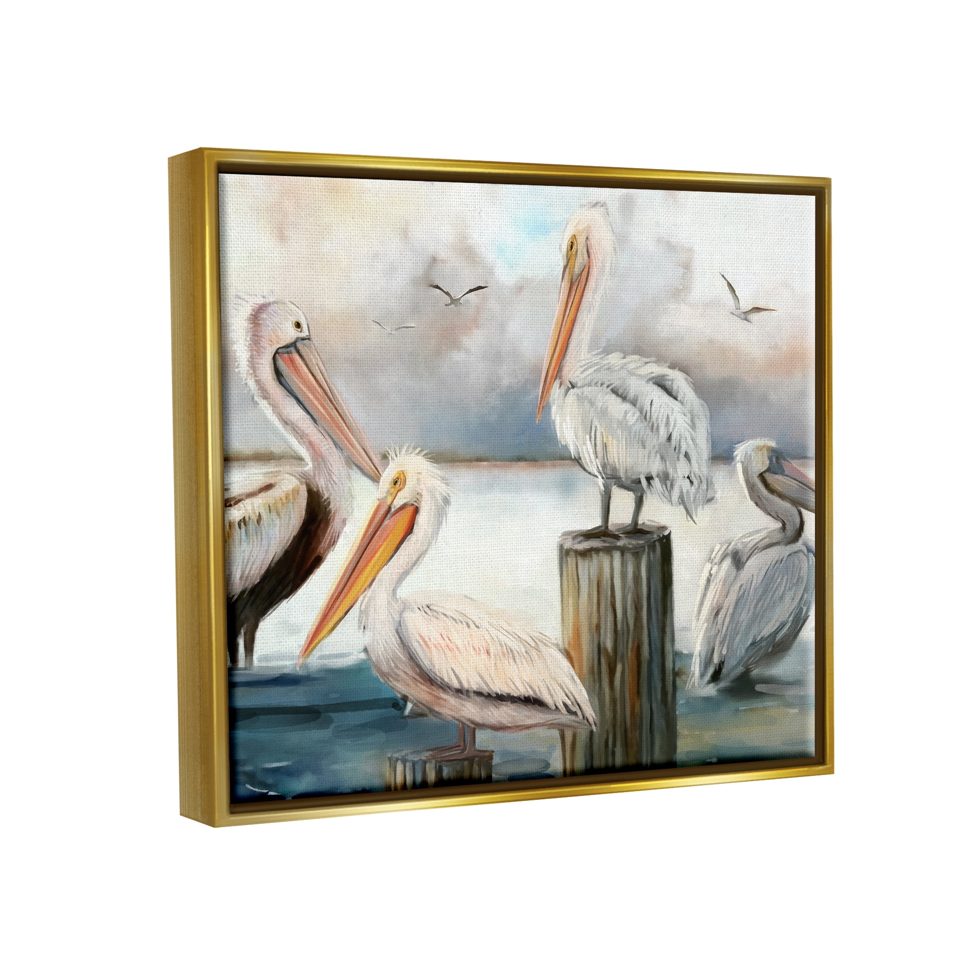 Stupell Industries Pelicans Perched Cloudy Horizon Coastal Painting Gold Floater Framed Art Print Wall Art