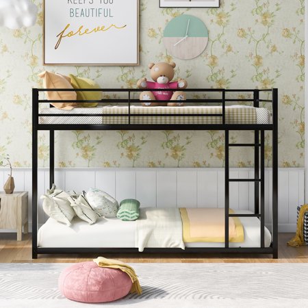 Twin over Twin Metal Bunk Bed   Low Bunk Bed with Ladder & Metal Slats Sturdy Metal Frame with Safety Rails No Box Spring Needed  for Bedroom  Dorm  Boys  Girls  Adults