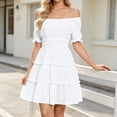 thumbnail image 3 of Dvprdro Womens Solid Open Neck Short Puff Sleeve Smocked Waist Tiered Ruffle Hem A Line Mini Dress Casual, 3 of 10