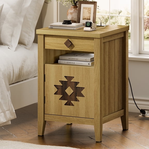 Einhomn 24"H Farmhouse Nightstand with Charging Station, Drawer & Shelf, Wood Bedside Table Night Stand for Bedroom Living Room