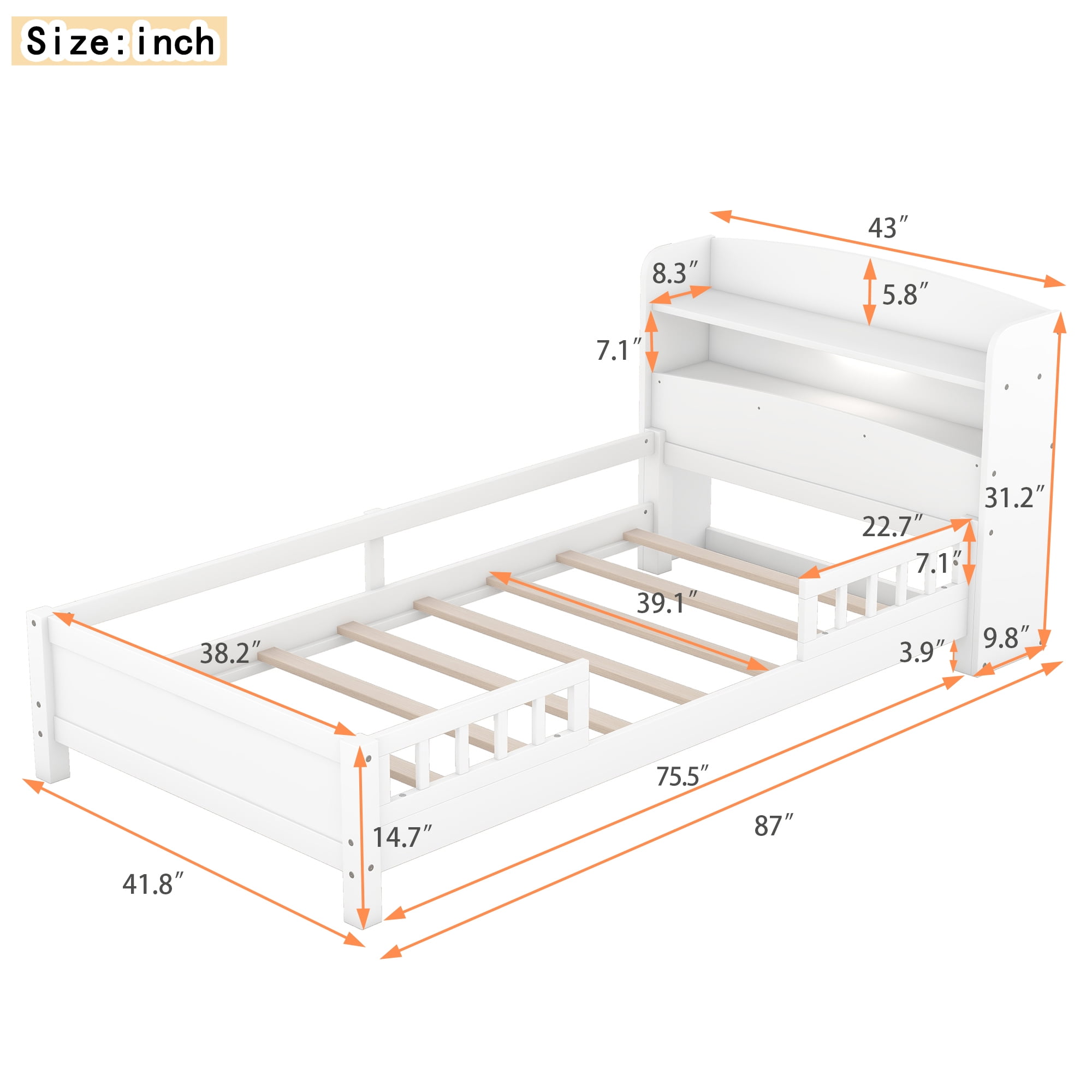 Sailvan Twin Wood Platform Bed Frame with LED Light and Storage Headboard White