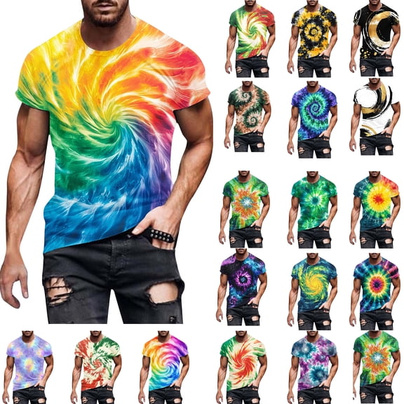 DIOAZUD Tie Dye T Shirts for Men Loose Fit Casual Crewneck Shirt Big and Tall Fashion Printed Tees Beach Vacation Tee