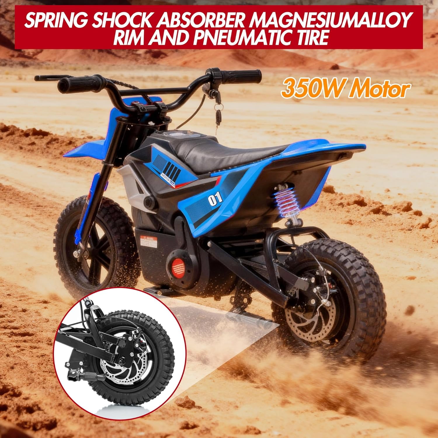 Rugerasy 24V Electric Dirt Bike,Ride on Motorcycle with Rear Wheel Suspension,12 Miles Range,Twist Grip Throttle,Rubber Tire,Birthday & Xmas Gifts,Blue