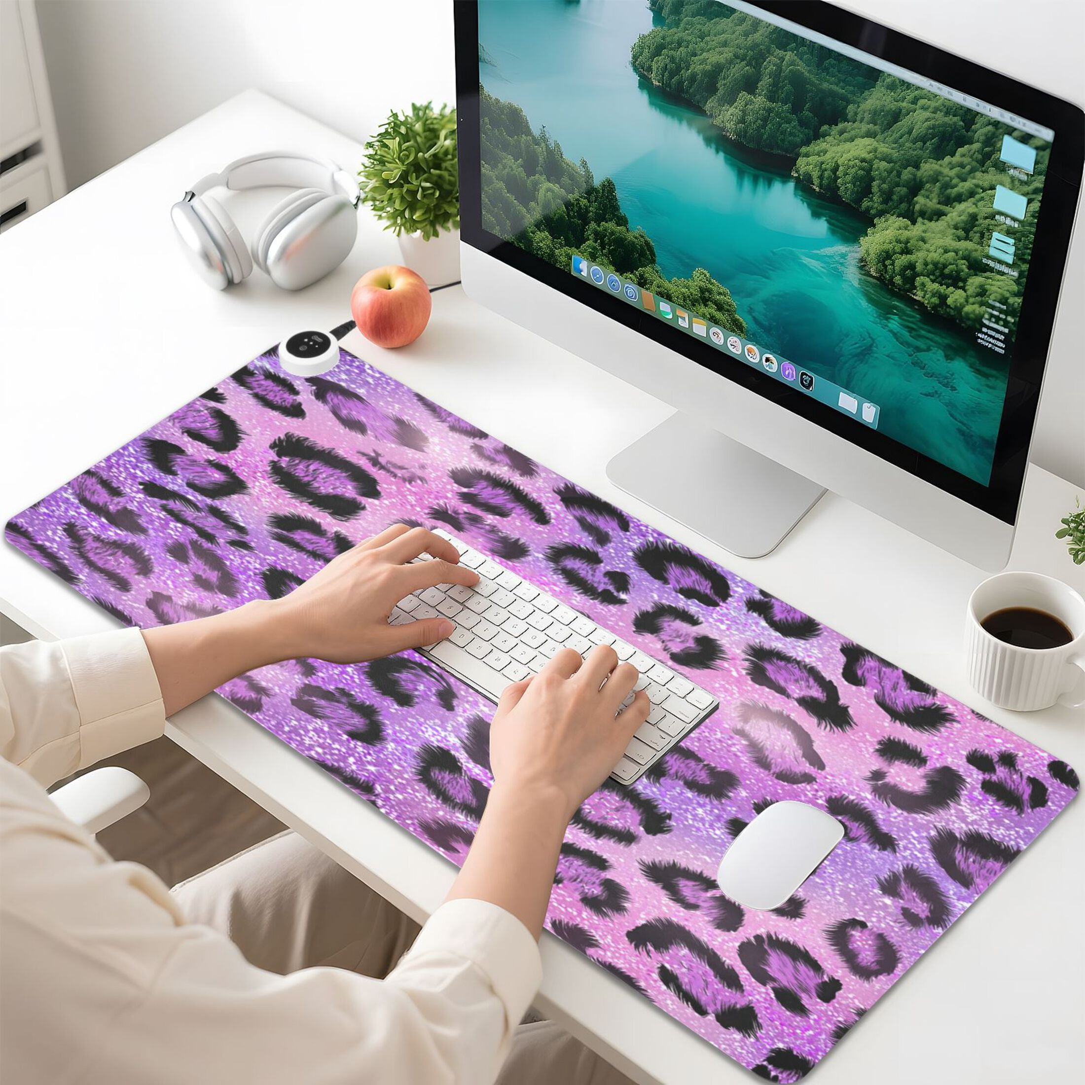 Large Heated Desk Mat Mouse Pad 31.5"x13"PU Leather Graphene Heating Desk Warmer with 3 Temperature Settings 110V US Plug Non-Slip Warm Pad for Home, Office, and Gaming Sparkle Pink Leopard Print