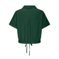 thumbnail image 6 of Otntypg Womens Cropped Button Down Linen Hawaiian Shirts Lightweight Casual Oversized Crop Tops Cute Summer Beach Drawstring Hem Roll Up Short Sleeve Collared Blouse with Pockets Green L, 6 of 7