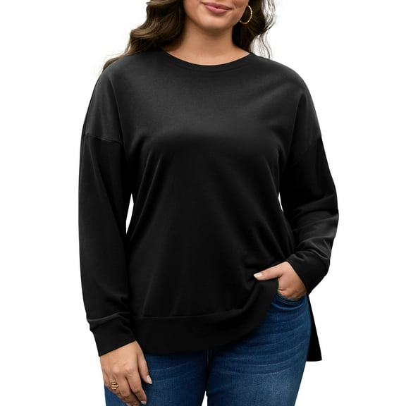 FlorCurve Plus Size Sweatshirts for Women Side Slit Pullover Sweatshirts Crew Neck Long Sleeve Lightweight Oversized Cotton Blouse, Black XL