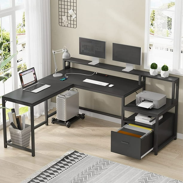 Sedeta L Shaped Desk with Hutch, Storage Shelves, File Drawer and Power