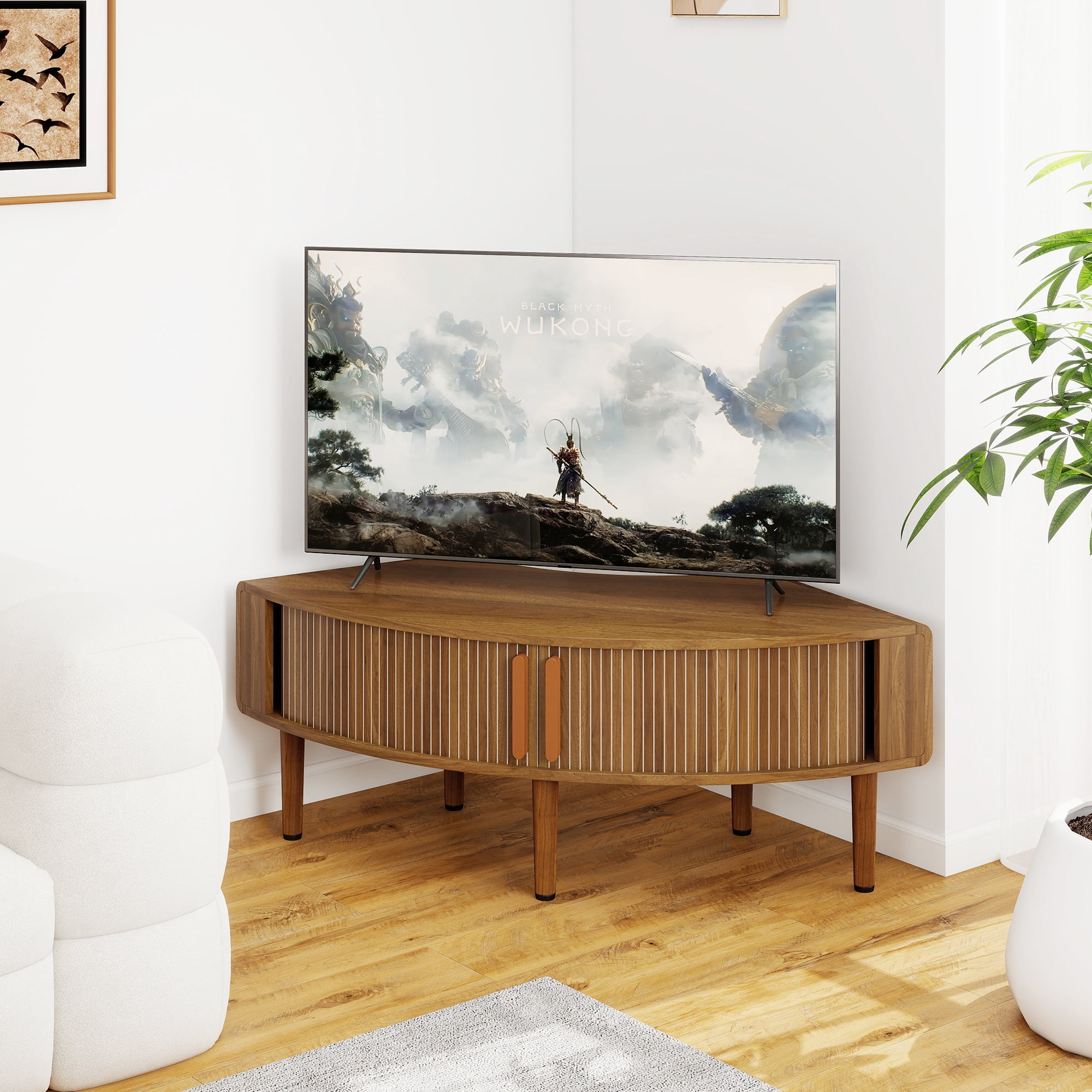 Corner TV Stand for 40 inch TV, Curved Corner Entertainment Center with Storage, Mid-Century Modern Media Console with Sliding Doors,for Living Room, Bedroom, Apartment, Walnut