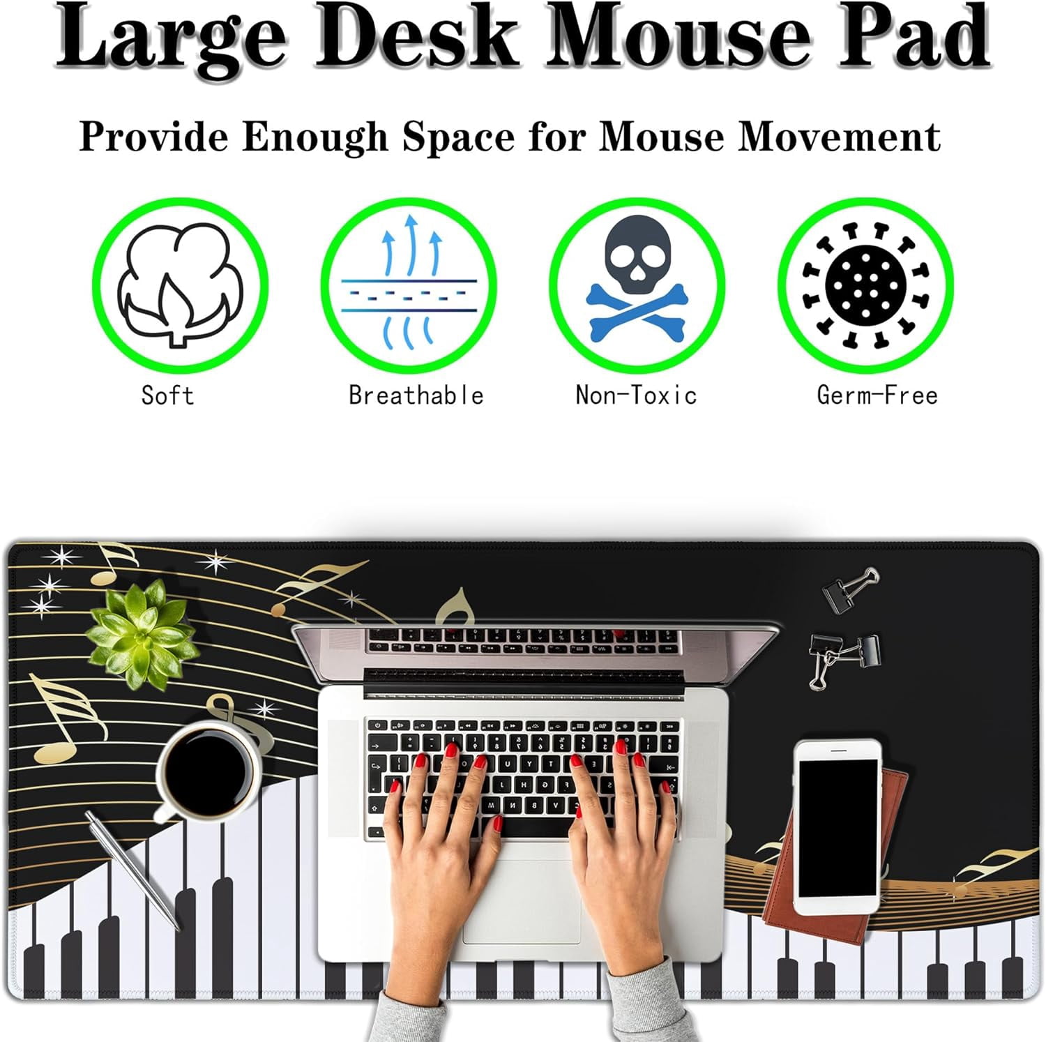 Large Mousepad Music Notes Keyboard Pad Large Gaming Mouse Pads XXL Mouse Pad Gaming Non-Slip Rubber Base 35.4 X 15.7 for Game Office, Black Piano Musical Instrument and Notes