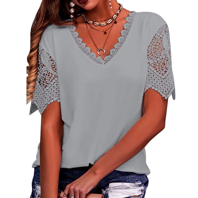 Blusa casual de manga corta con cuello en V y ribete de encaje de color puro para mujer para uso diario Gris XXL