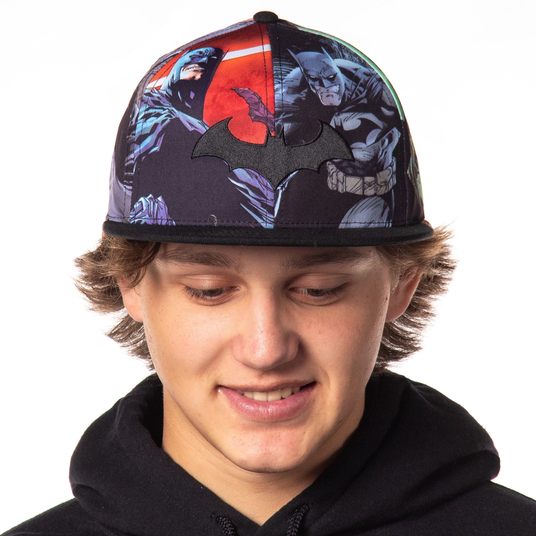 DC Comics Batman Allover Sublimated Scene Design Flat Bill Adjustable Snapback Hat Baseball Cap OSFM