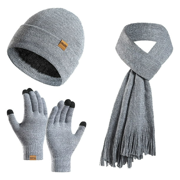 Conjunto de gorros y bufandas Prolriy para hombre y mujer, guantes y bufandas, de punto, para invierno, gruesos y cálidos, de tres piezas, color gris.