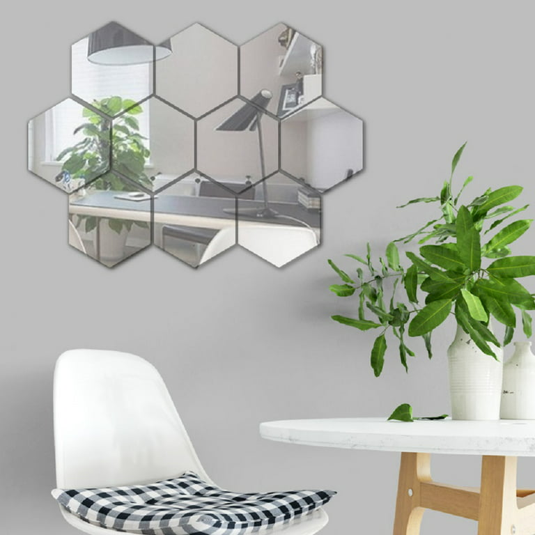 Hexagon Mirror Wall Sticker, 12 Pieces Acrylic Mirror Self Adhesive Mirror tiles, Aesthetic Wall Decor for Bedroom Living Room, Size: 46*40*23mm