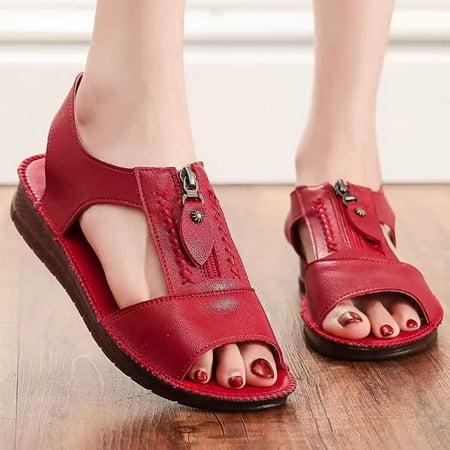Zipper Flat Soft Leather and Sole Comfort Sandals Women Open Toe Slippers Slip On Platform Wedges Beach Sandals Comfort Flat Shoes Casual Walking Sandals Vintage Ladies Sandal (Black 4)