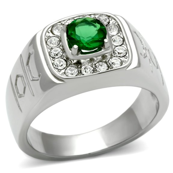 Luxe Jewelry Designs Men's Stainless Steel Ring with Round Emerald Synthetic Glass and Clear Stones