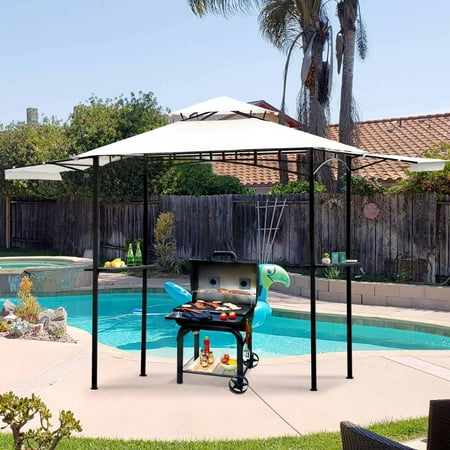 13' x 4.5' Grill Gazebo, Outdoor BBQ Grill Patio Canopy with Extendable Shades, Barbeque Gazebo Canopy with Double Tiered and Shelves, White