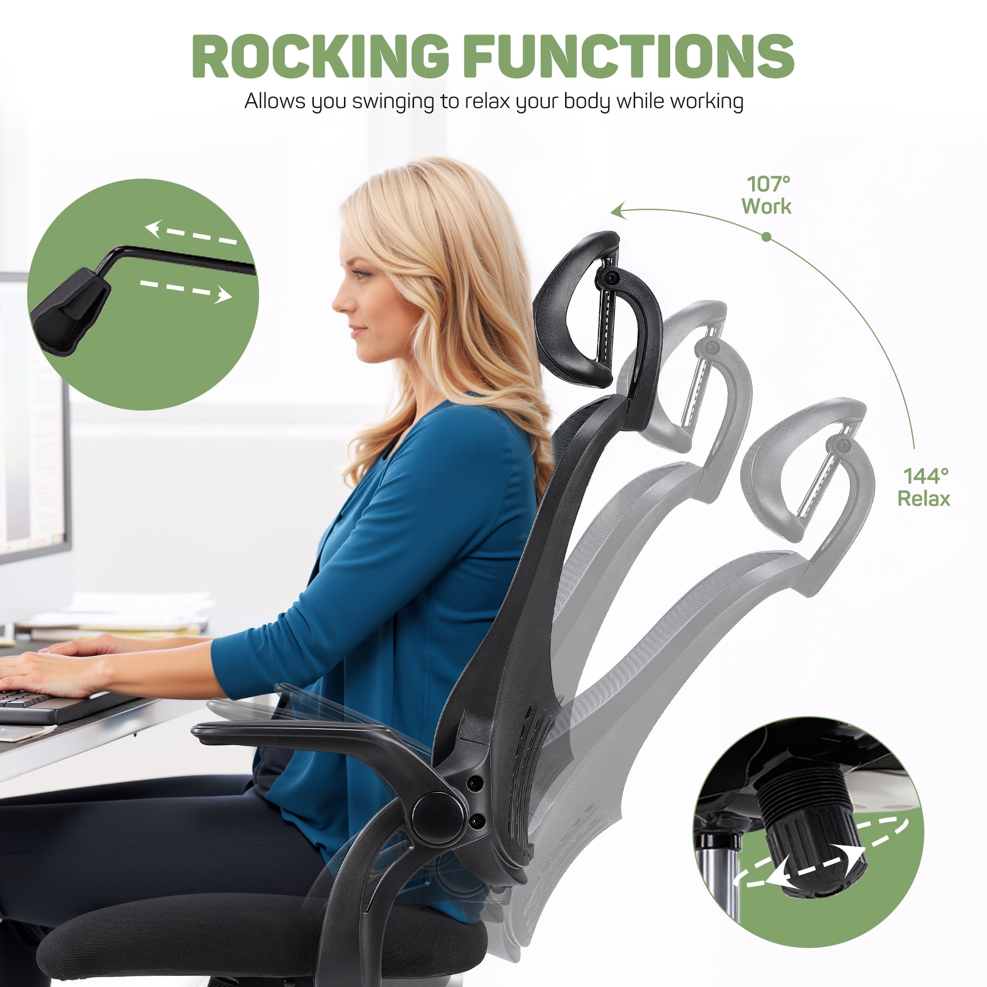 Ergonomic Office Desk Chair, High-Back Mesh Computer Chair with Adjustable Headrest, Lumbar Support, Flip-Up Armrests, Swivel Rolling Task Chair for Home Office, Black