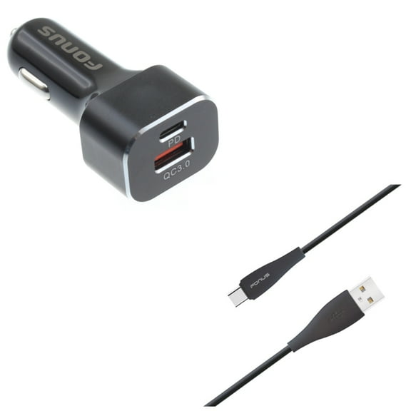 Charger Cord Type-C 6ft USB Cable w 2-Port USB 36W Quick Car Charger K6E for Blackberry Motion, Key2, KEYone, LE - BLU G9, Vivo XI Plus 5 - CAT S61 S48c - Coolpad Legacy