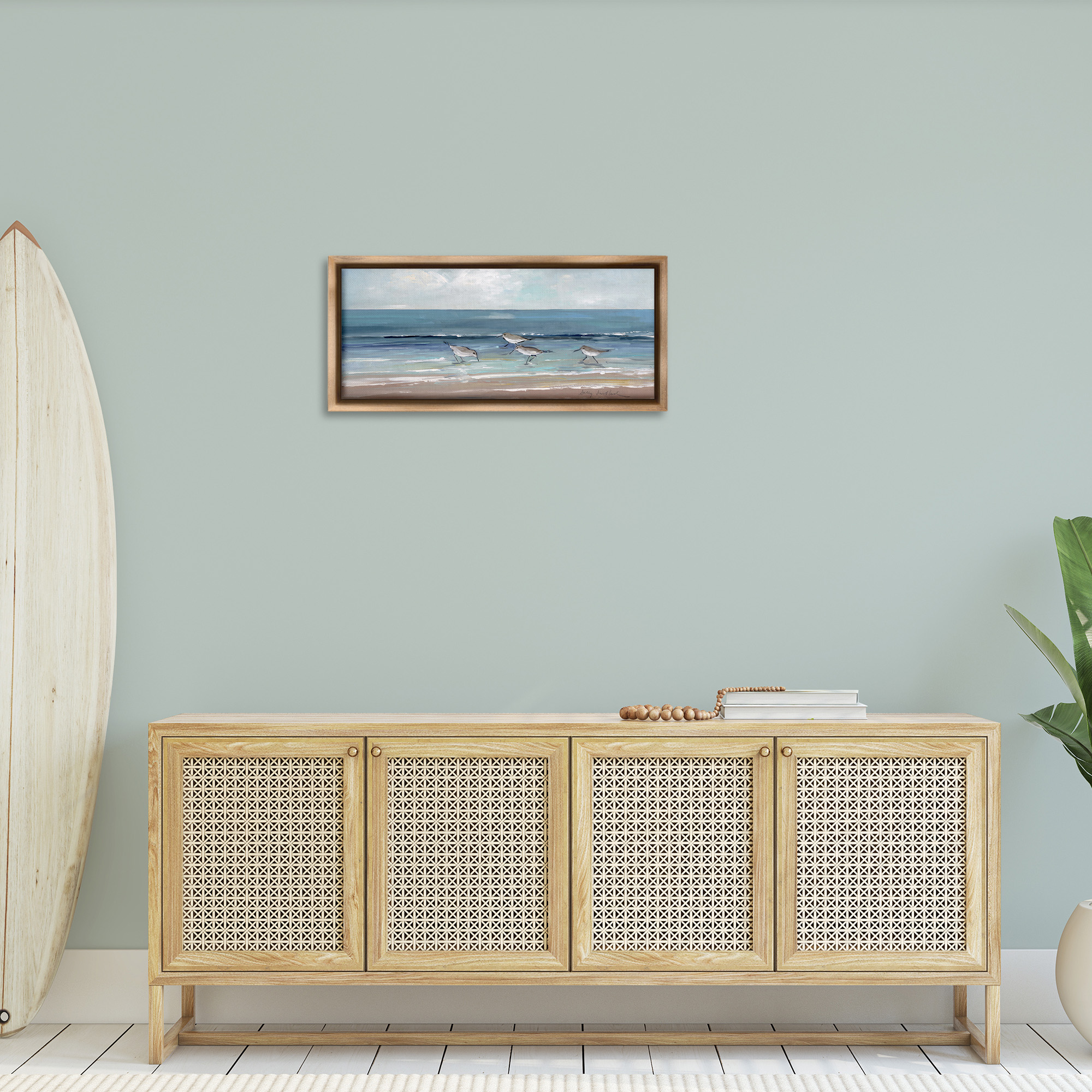 Stupell Industries Sandpipers with Cloudy Sky Nature Painting Brown Floater Framed Canvas Art Print Wall Art, 31 x 14
