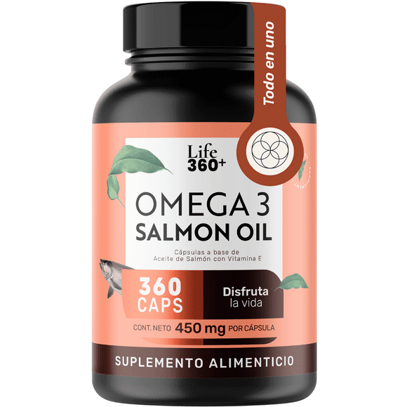 OMEGA 3 Aceite de Salmon Life360+ 360 cápsulas con Vitamina E. Life 360+ 360 capsulas con DHA y EPA, reforzado con Vitamina E