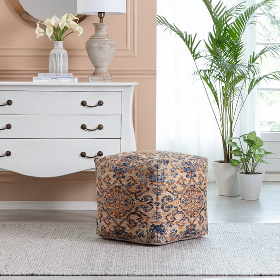 Anji Mountain Blue Jacquard Woven Polyester Square Poufs