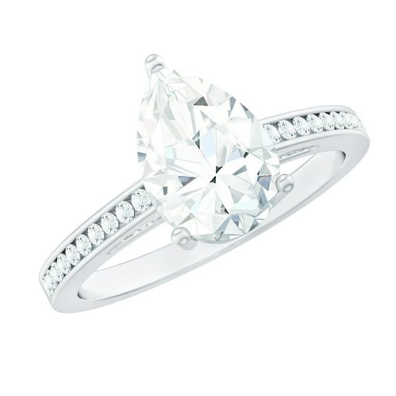 Rosec Jewels Pear Moissanite Engagement Ring with Side Stones - 7X10 mm Teardrop Ring for Women - 2 Ct Ring - D-VS1 Grade, 925 Sterling Silver, US 4.00