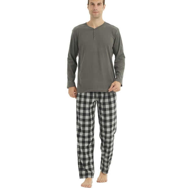 LANBAOSI Pajamas for Men Set Long Sleeve Henley Fleece Soft Shirt