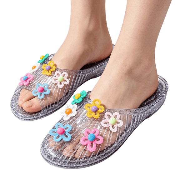 Willtoo Women's Flower Jelly Sandals Summer Beach Slippers Colorful Floral PVC Slides Waterproof Non-Slip Flat Shoes