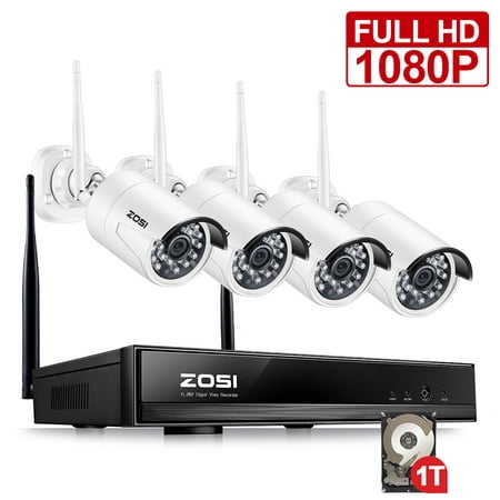 ZOSI 4 Channel Wifi NVR 1080p HD Wireless Outdoor Security IP Camera Video Home Surveillance System 1TB Hard