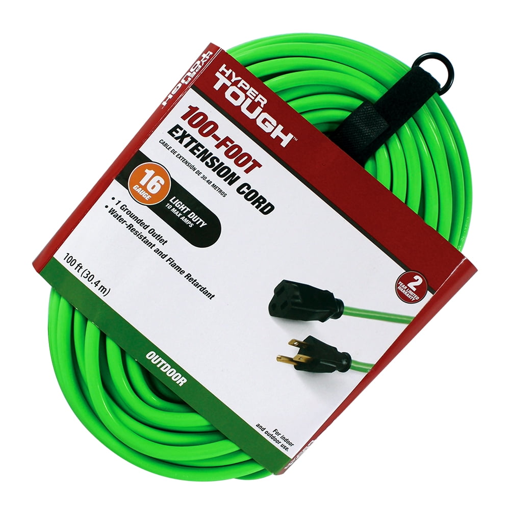 Hyper Tough 100FT 16AWG 3 Prong HiVis Green Outdoor Single Outlet