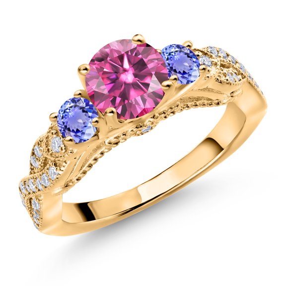 Gem Stone King 18K Yellow Gold Plated Silver Pink Moissanite Blue Tanzanite and White Moissanite Engagement Ring for Women (1.37 Cttw, Gemstone, Round 6MM and 3MM, Size 5)