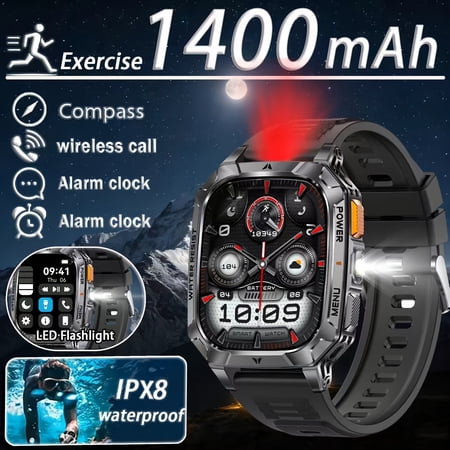 2026 New Smart Watch: 1400mAh battery, wireless call/dial, SMS reminder, portable alarm, pedometer, weather forecast, calendar, flashlight, 100+ sports/fitness modes, iOS/Android compatible