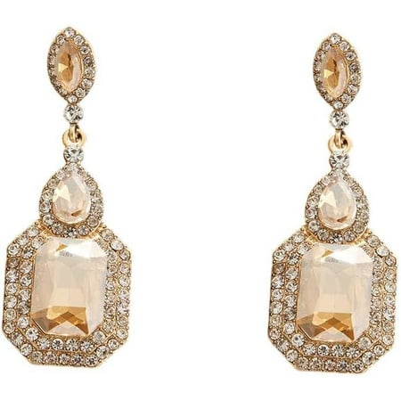 18K Gold Plated Vintage Crystal and Cubic Zirconia Dangle Earrings for Women – Gold-Tone Drop Earrings with Faceted Champagne Stones and Rhinestone Halo, Elegant Statement Jewelry for Weddin...[v740]