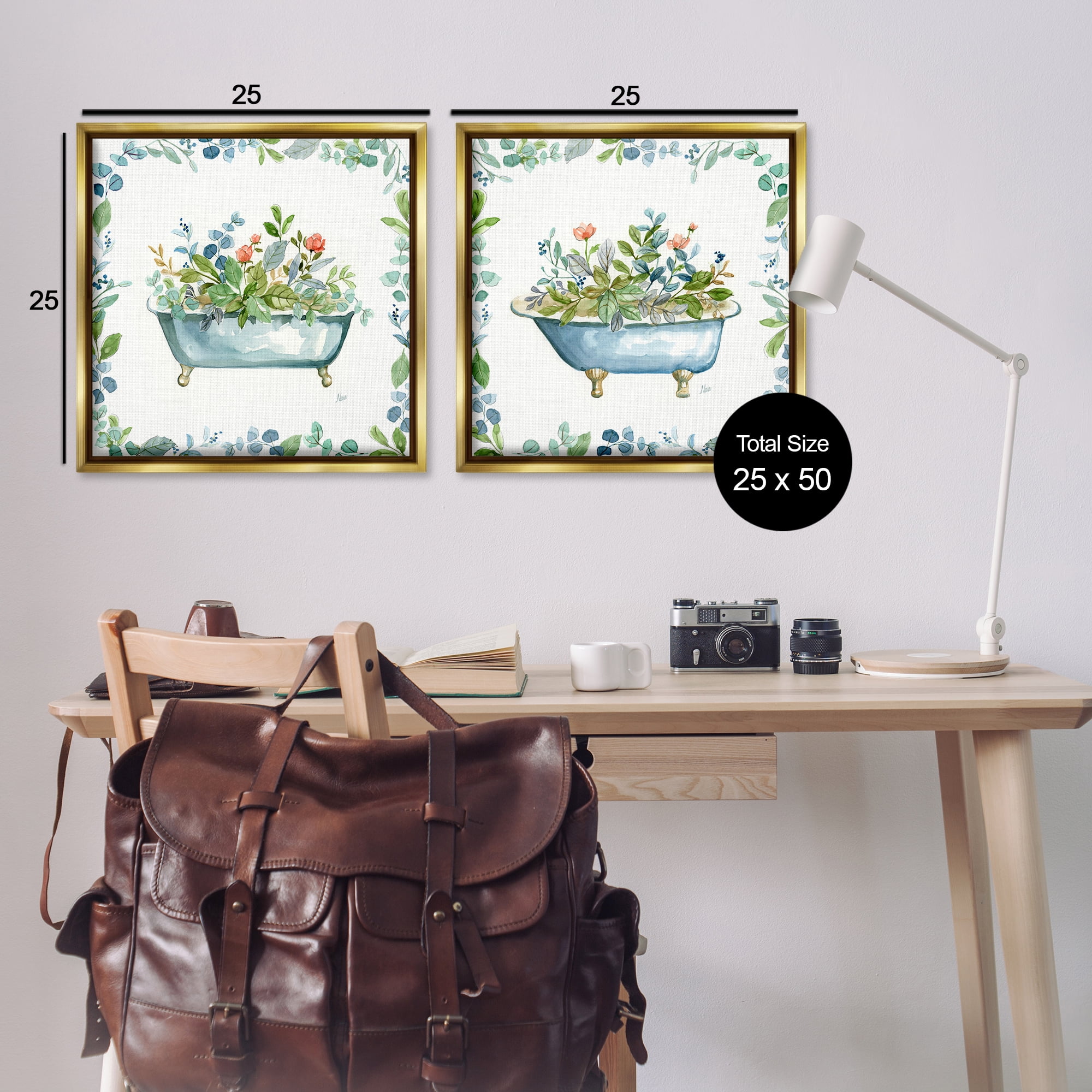 Stupell Industries Charming Flower Filled Tub Bath & Laundry Painting Gold Floater Framed Canvas Art Print Wall Art, 25 x 25, Set of 2