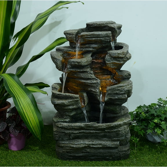 24.25" Fossil Gray Multi-level Rock Fountain with 4-Watt LEDs