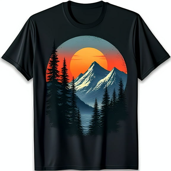 Stunning Sunset Mountain Scene Black T-Shirt with Pine Tree