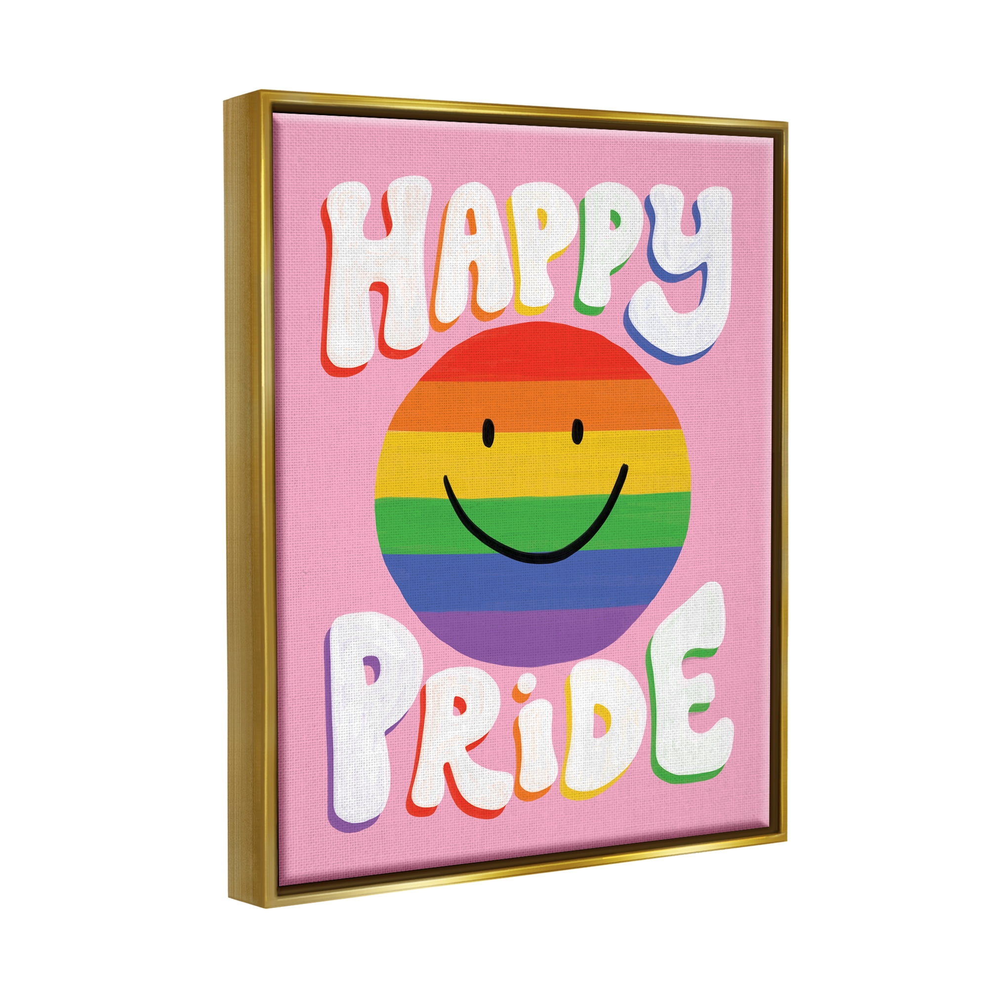 Stupell Industries Happy Pride Retro Rainbow Smiley Holiday Painting Gold Floater Framed Art Print Wall Art