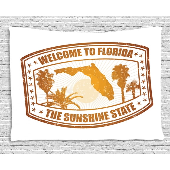 Florida Tapestry, The Sunshine State of America City Map Trees and Stars Travel Stamp, Wall Hanging for Bedroom Living Room Dorm Decor, 80W X 60L Inches, Orange Ginger and White, by Ambesonne