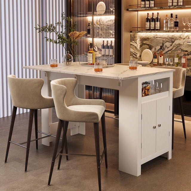U_Style-CA Modern Counter Height Table with Foldable Top, Marble-Pattern Surface, 2-Door Storage Cabinet, Adjustable Shelf, Side Hooks & Aluminum Handles, for Dining Room (Chairs Not Included)