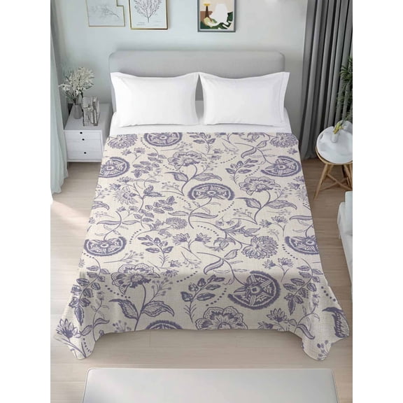 Purple Fruit Queen Size Flat Sheet, Wrinkleproof & Fadeproof Cooling Flat Bed Sheet Only, Country Retro Floral Botanical Plant Breathable Soft Bedding Top Sheets 90 x 102 Inches
