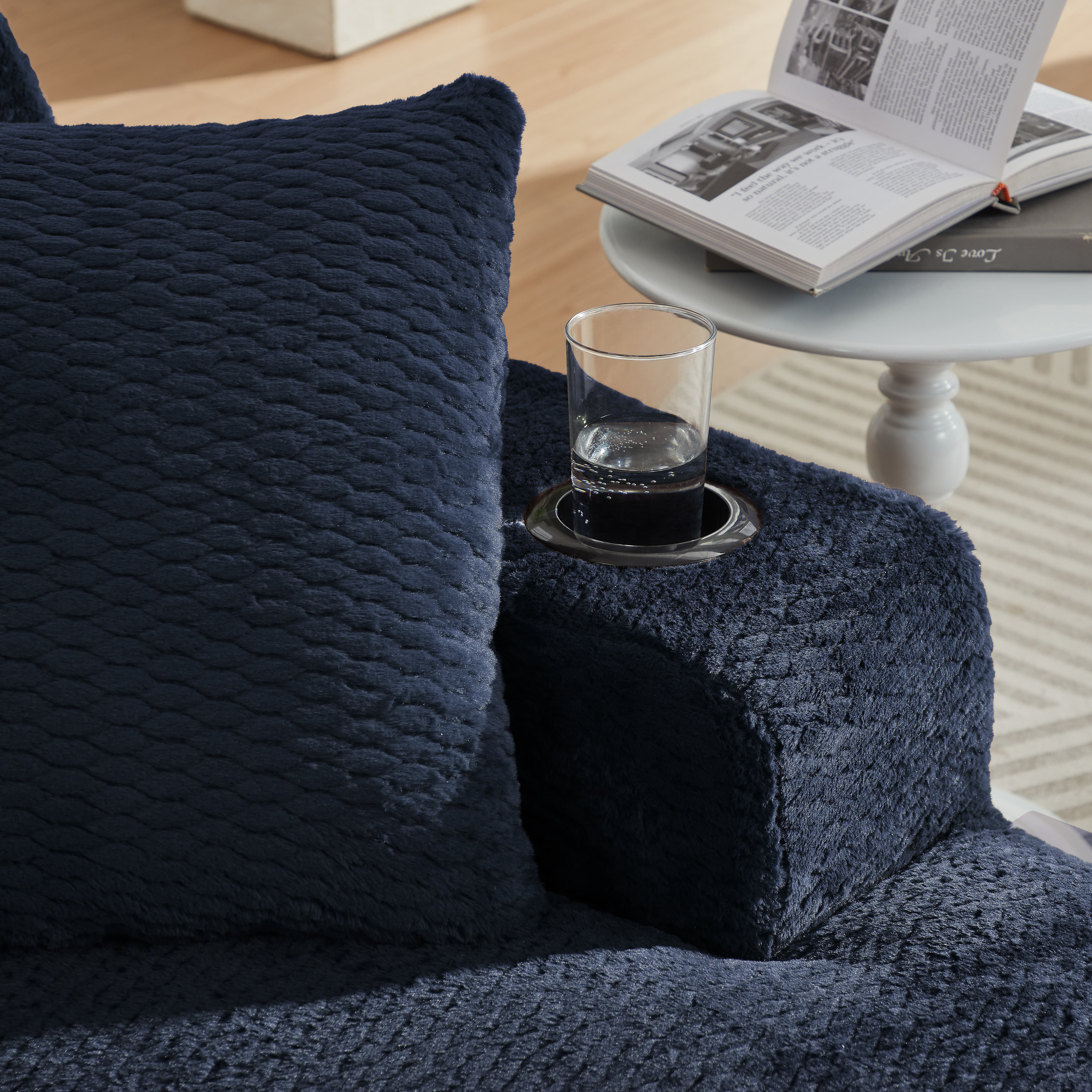 MAYEERTY Oversized Plush Chaise Lounge Sofa, Modern Comfy Sleeper with Cup Holders for Living Room, 49*66*28"Dark Blue